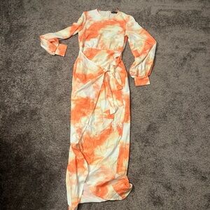 Women’s Orange Tie-Dye Long Sleeve Wrap Maxi Dress